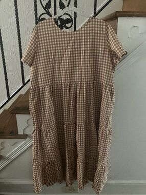 Tradlands CHALET TIERED LINEN DRESS tan cream gingham plaid size XL extra large